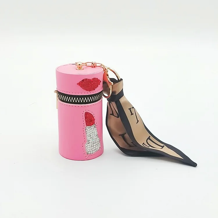 Fashion shiny leather key chain mini cylinder makeup lipstick holder bag key ring coin purse designer luxury keychain