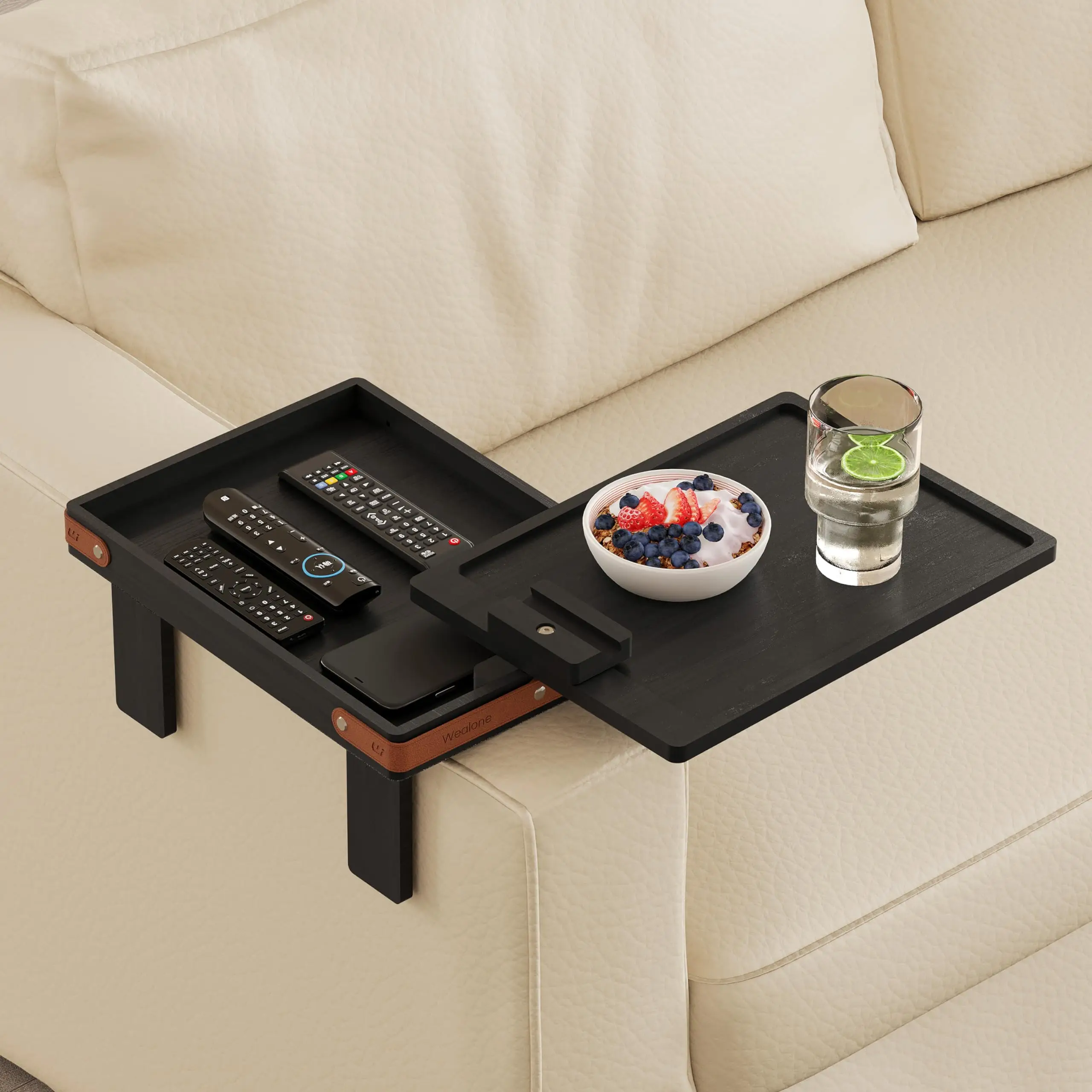 Sofa Armrest Tray with Storage Box, Bamboo Couch Arm Table with 360-deg Rotating Tabletop and Phone Stand,Adjustable Table Legs