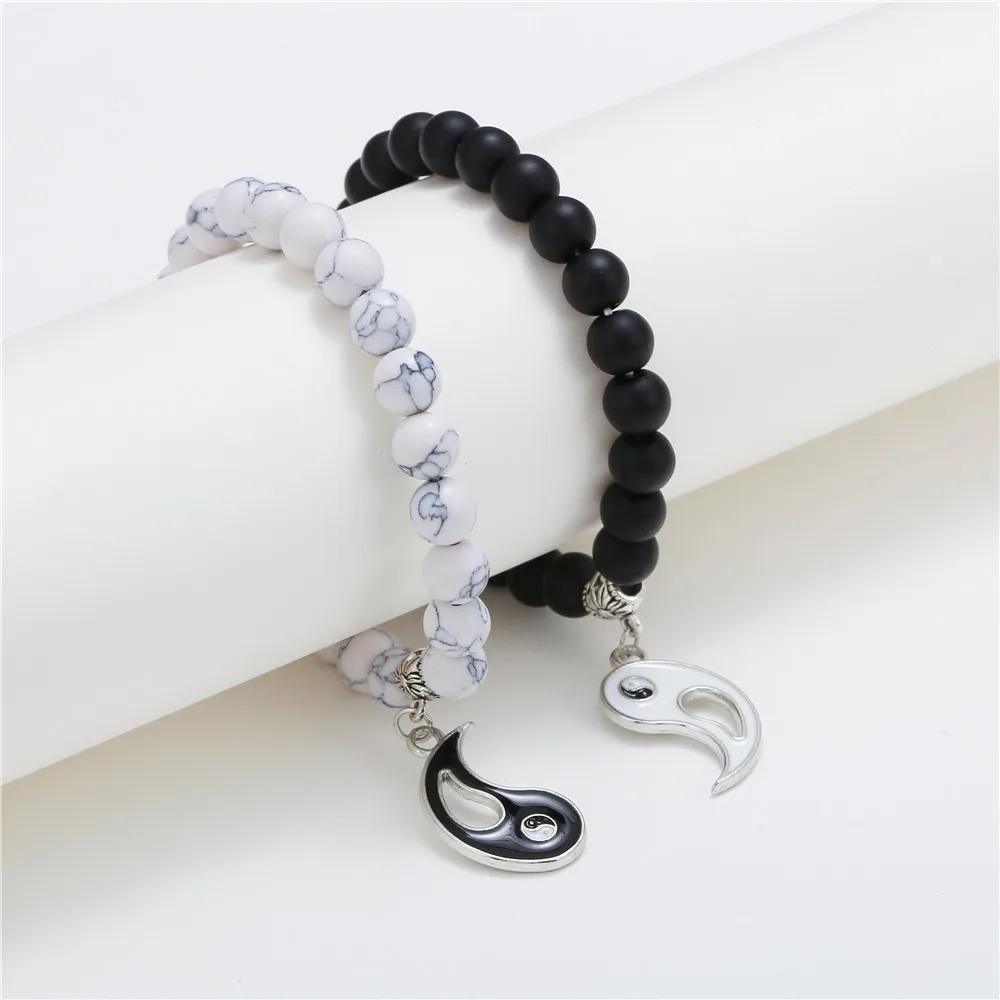 Kingcome Black Frosted White Turquoise Fengshui Bracelet Sets 2 Pieces Set Yin Yang Tai Chi Couple Beaded Bracelet Suit
