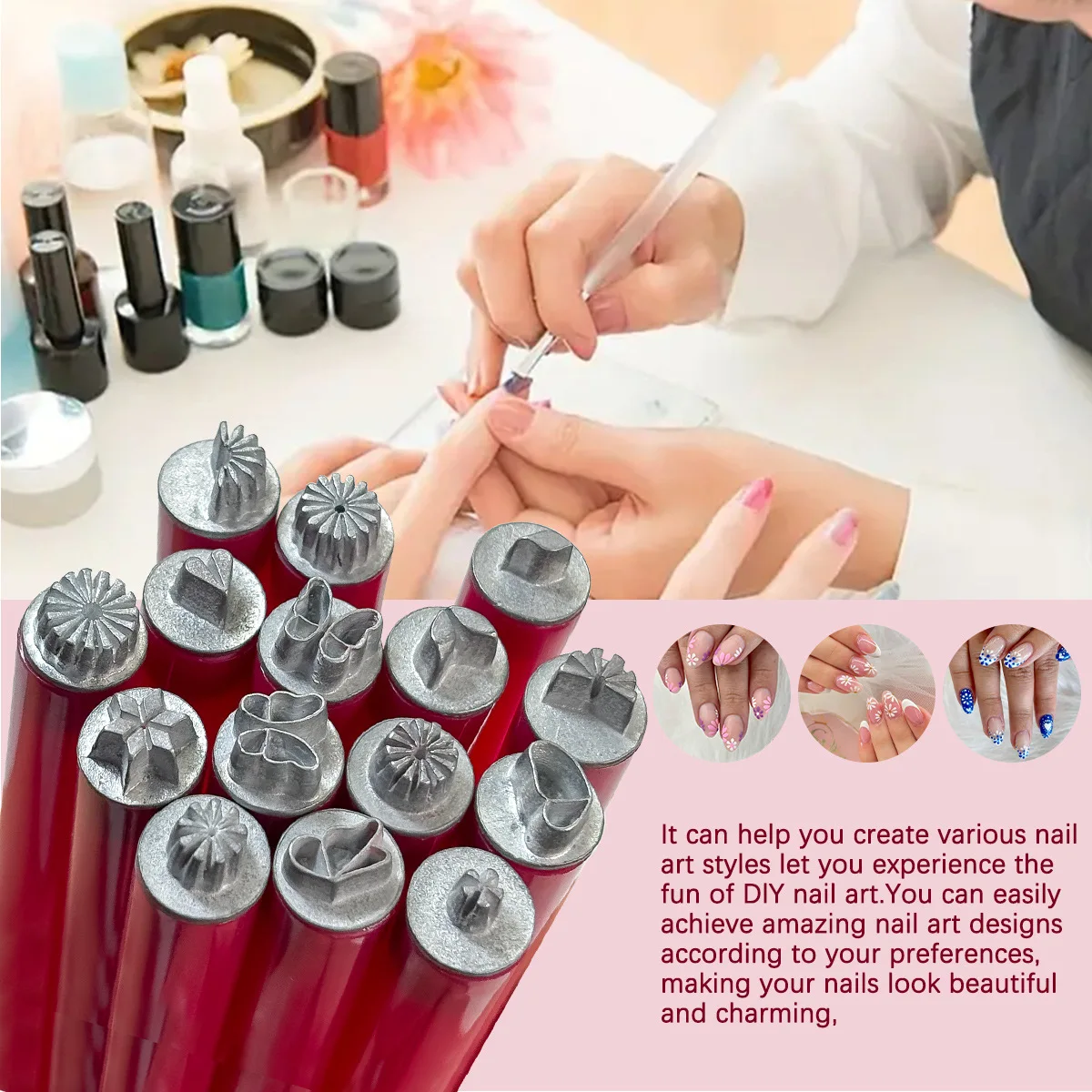 Misscheering Nail Art 6 Pieces Nail Art Stamp Pen Set Multi Shaped Butterfly Flower Metal 3D Multi Functional Printing Pen