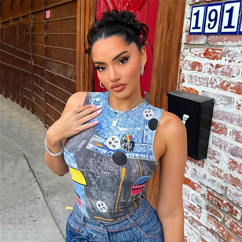 2022 Street Fashion Denim Printing Tank Top Two Piece Skirt Set Summer Outfit Casual Matching Women Sets