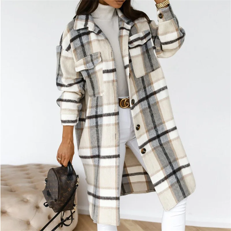 Autumn Winter Coats For Women 2022 Lapel Pocket Long Plaid Shirt Jacket Coat Woolen Fleece Plaid Long Coats For Women