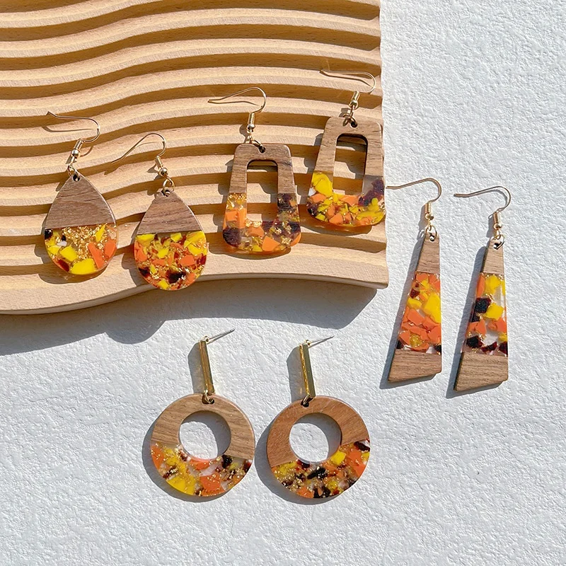 Retro Yellow Orange Amber Wooden Wood Resin Splicing Gold Foil Drop Earrings for Women with Niche Design Ear Hooks