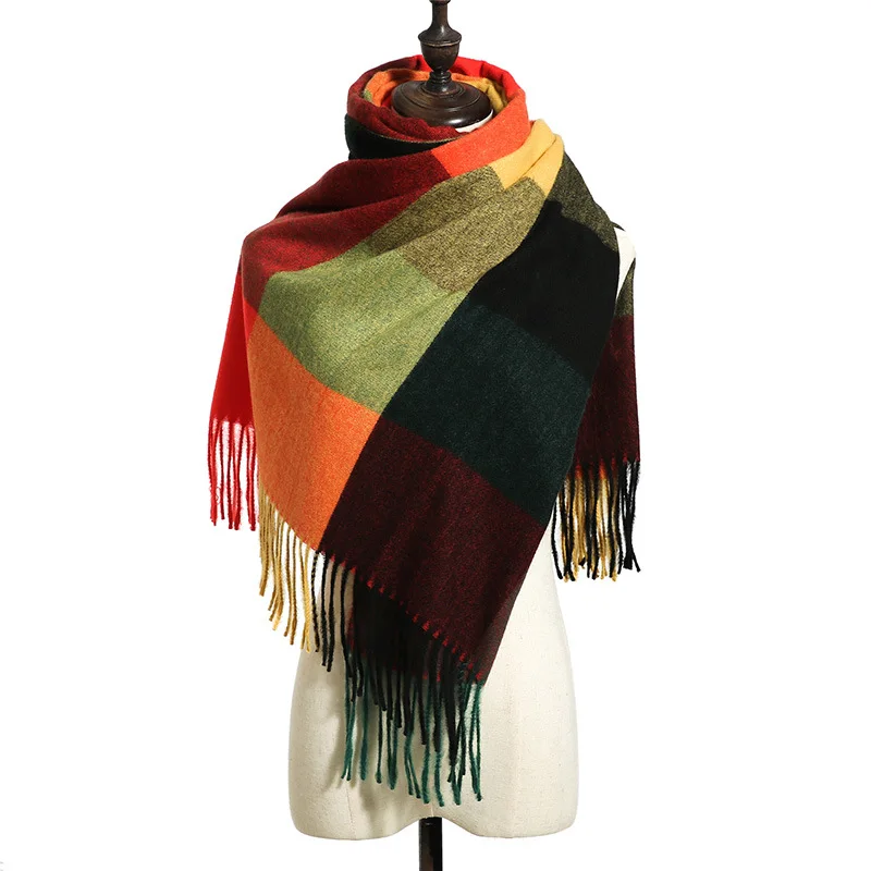 New Design Soft Scarf Shawl Wool Cashmere Blended Yarn Dyed Plaid With Tassels Winter Scarf for Women