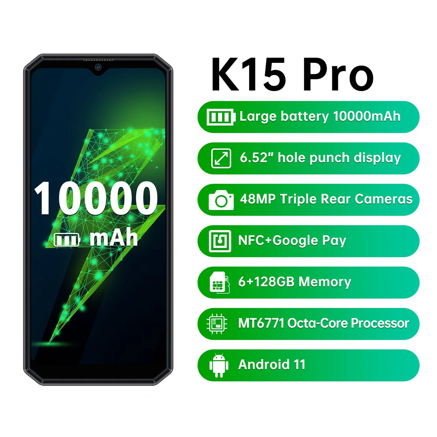 Смартфон OUKITEL K15 Pro 10000 мАч 6 52 дюйма + 128 ГБ 8 ядер 8/48 МП Android 11 NFC