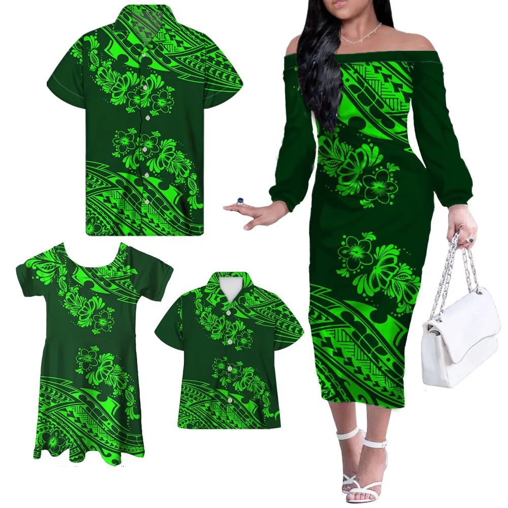 
New Polynesian Family Set 4 Piece Set For MOM DADDY DAUGHTER SON Summer Dress And Shirts Set Customize Logo Wholesale Drop Ship 