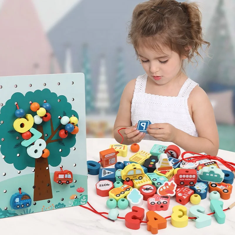 Funny tree shape bead string game early education cognitive wooden block toy