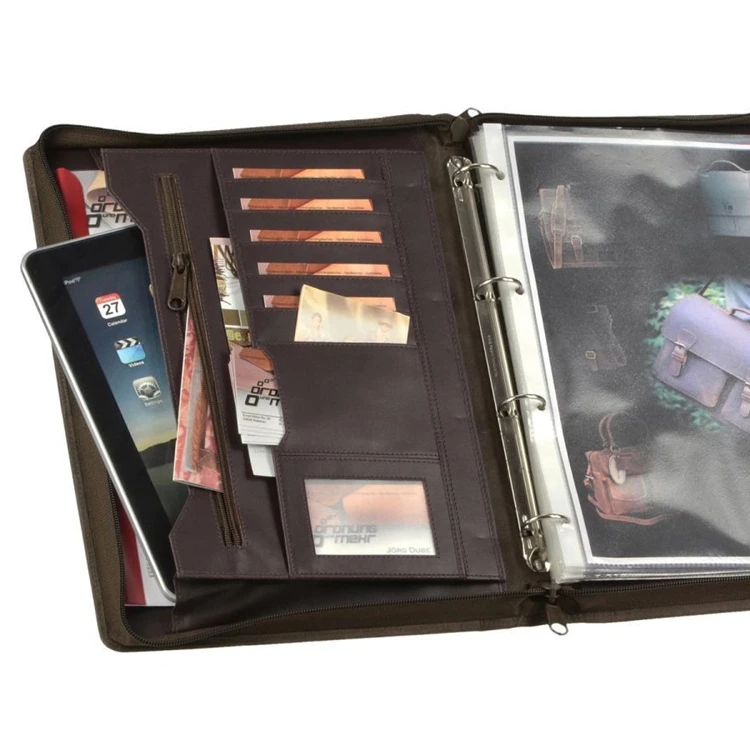 A4 Embossed Logo Crazy Horse PU Leather Art Drawing Poster Organizer Zipper File Folder 4 Ring Binder