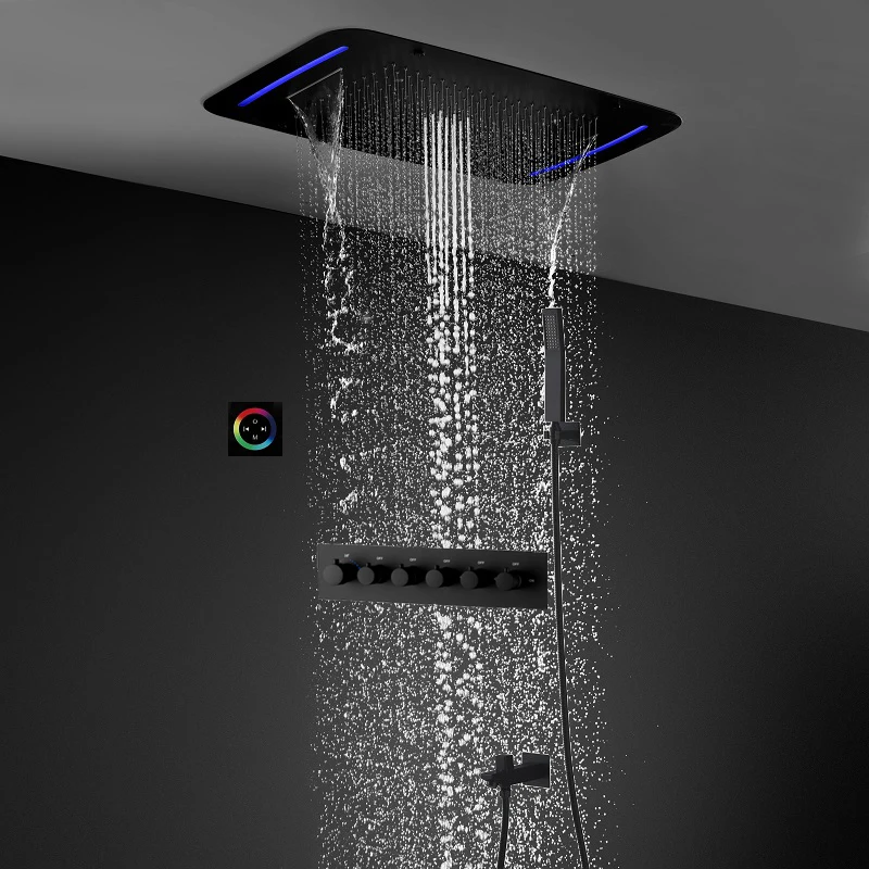 Colorful LED Light Massage Shower Head 304 SUS Rainfall Shower Panel Luxury Bathroom Ceiling Mounted Black shower System