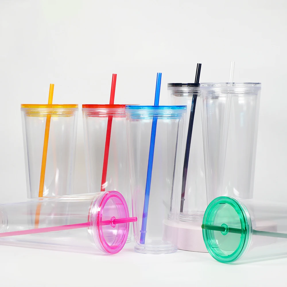 24oz double walled clear portable double wall water plastic acrylic glasses drinkware with straw