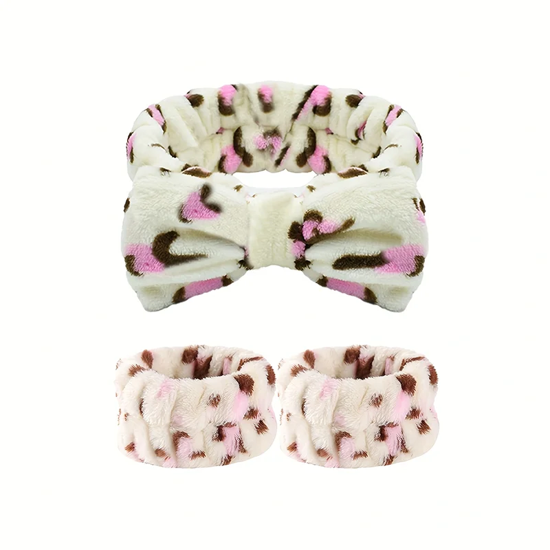 Coral Fleece Leopard Print Fashionable Headband for Women, Makeup and Face Wash Three Piece Set