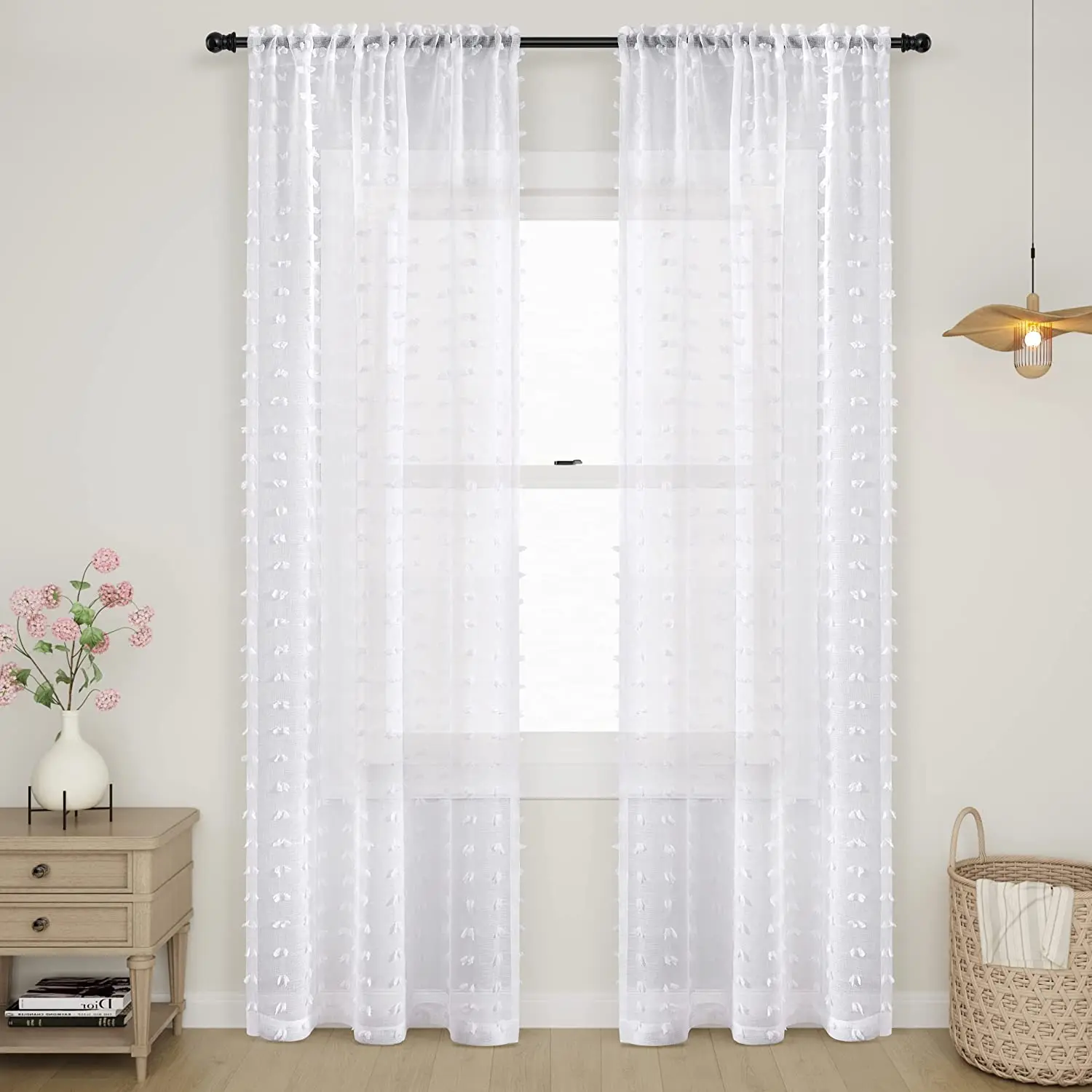 White Sheer Curtains for Living Room Bedroom White Farmhouse Boho Drapes White Pom Pom Curtains Rod Pocket