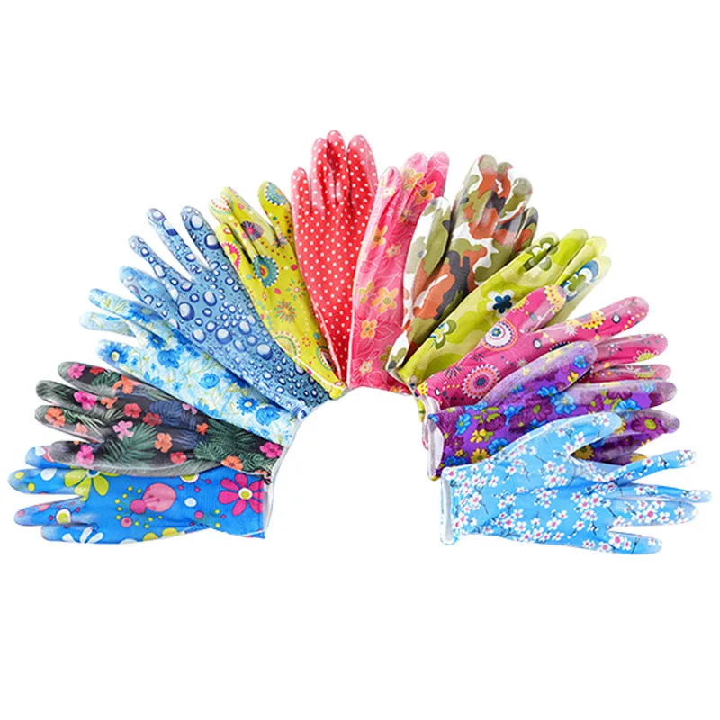 Nylon printed PU coated palm gloves Breathable wear-resistant anti-static protective gloves for women working thin 13 stitches