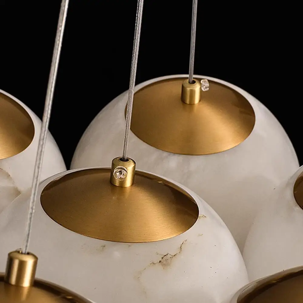 16 Inch Wide 5 Globes Mini Alabaster Ball Hanging Chandelier Nordic Dining Room Kitchen Brass Pendant Light