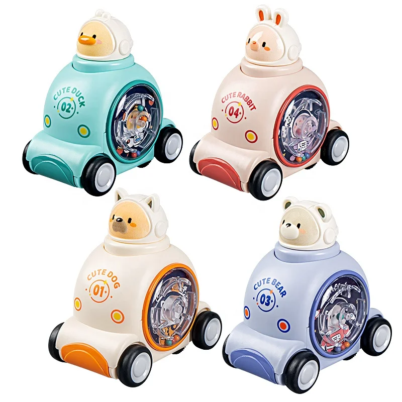 New Cartoon design juguetes space animal press diecast plastic puzzle baby mini car toys