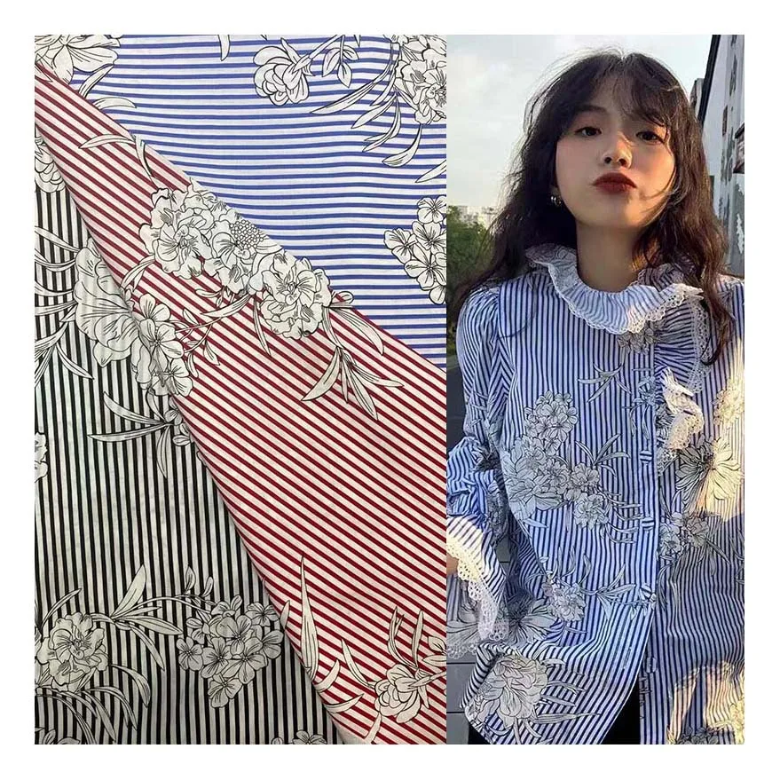 Printed cotton fabric roll textile shirt stripes 100% pure cotton flower pattern design printed fabric