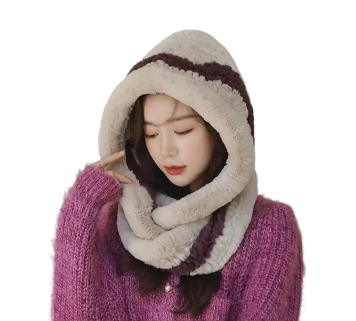 ZDFURS * 2021 new Women Real Knitted Rex Rabbit Fur Hat Hooded Scarf Long Winter Warm Fur Hat With Neck Collar Scarves hat scarf