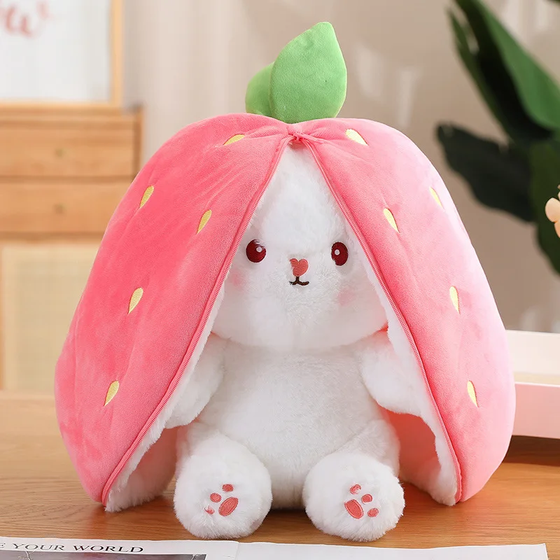YWMX 25cm Cute Changing Rabbit Plush Toy Zipper Boutique Soft Carrot And Strawberry Rabbit Stuffed Plush Toy Festival Doll Gift