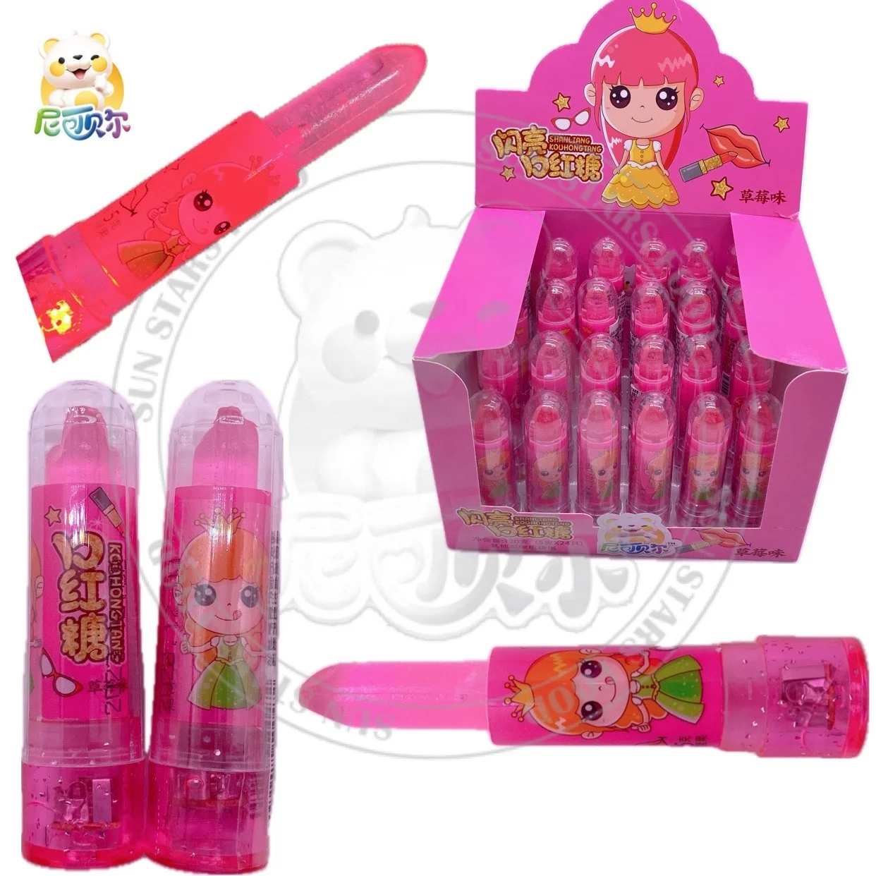 Promotional Pretty Girls Lipstick Shape Hard Candy Halal Glow Lollipop Soft Cartoon Style Toy