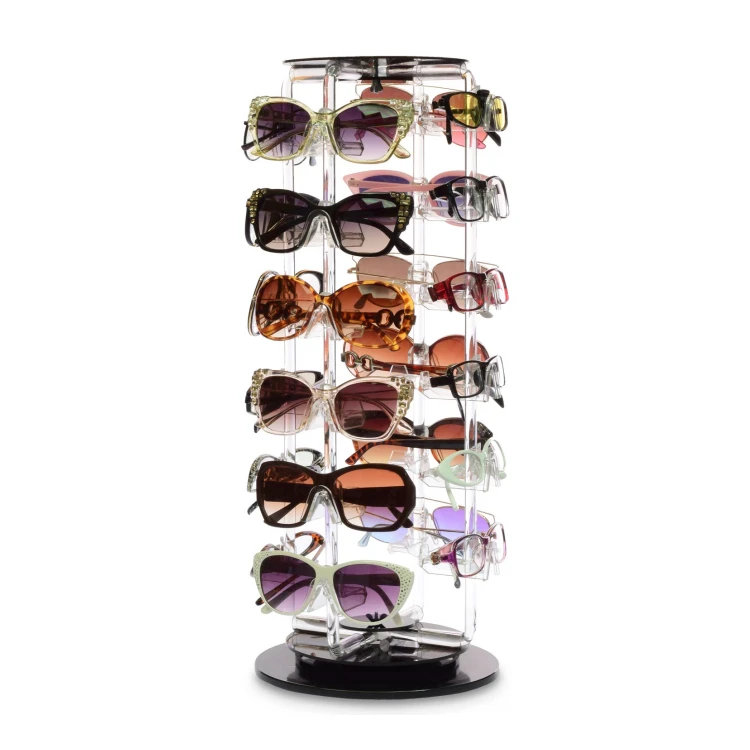 Hot Sales Clear Acrylic Rotating Sunglasses  Holder Display 24 Frame Transparent Acrylic Display Holder Case Stand for Shop Mall