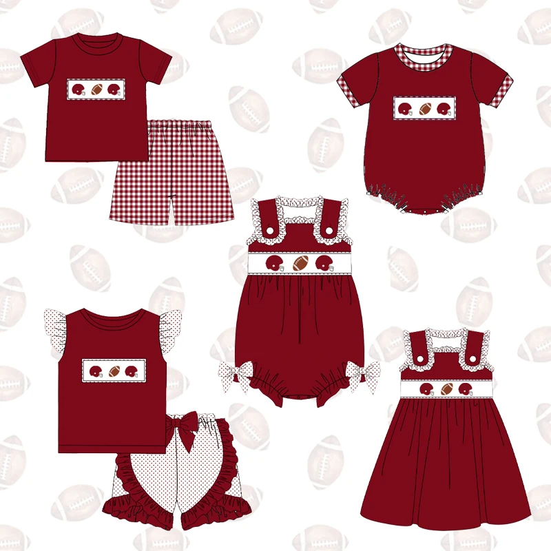 New design smocked football knitted outfits kids game day siblings matching sets toddler boys football appliqued clothing