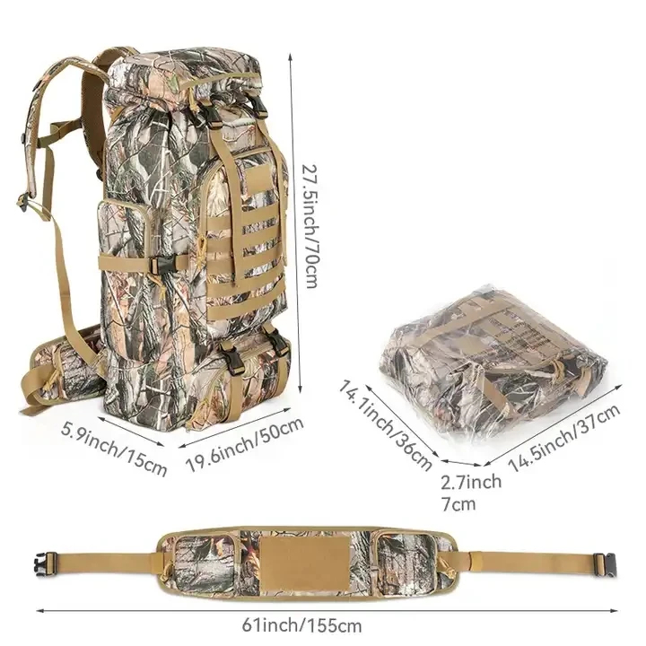 High Quality Customized Camouflage Color 65L Tactical Hiking Bags Sport Backpack Travel Bag