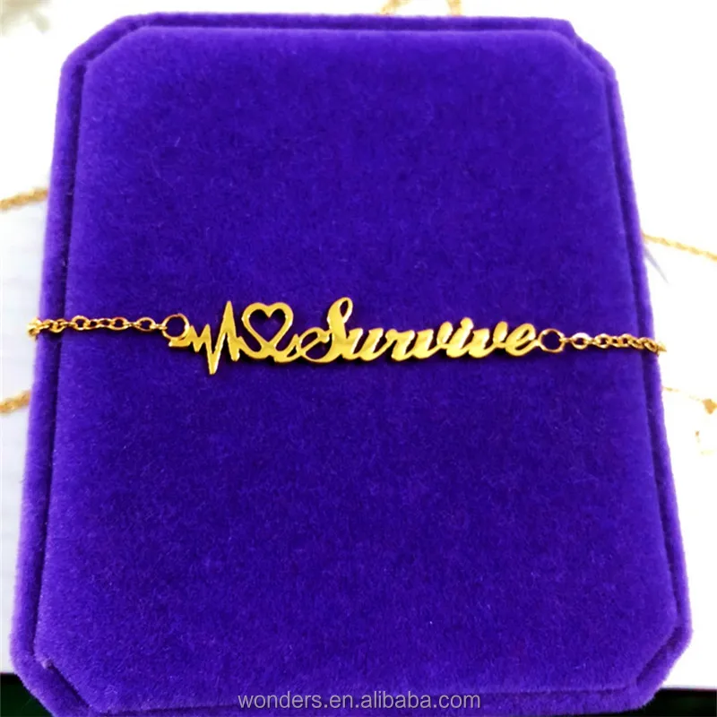 Love Survive Words Necklace Gold Stainless Steel Pendant Chain Faith Necklace Heartbeat Heart Necklaces