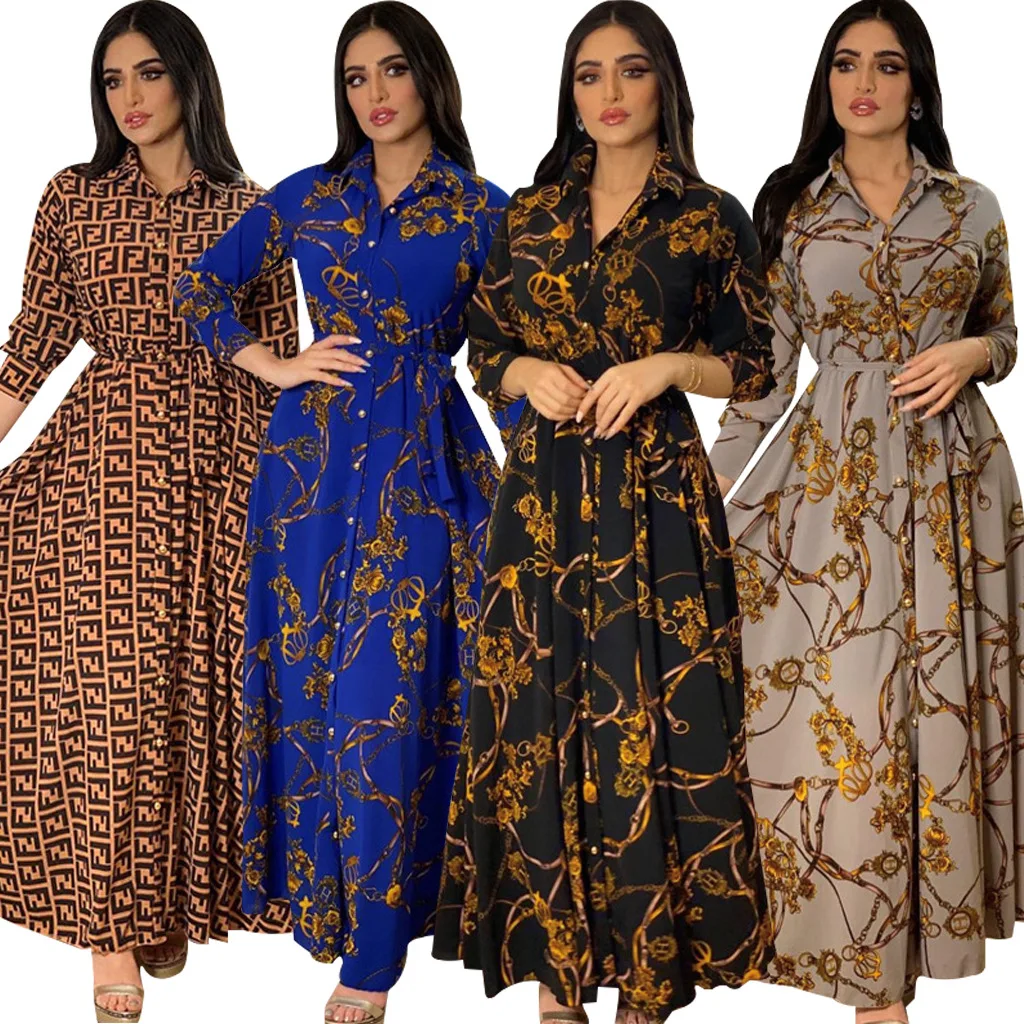 Bicomfort Dubai Spring And Autumn New Muslim Abaya Women Mrench Elegant Dress Vintage Print Robe