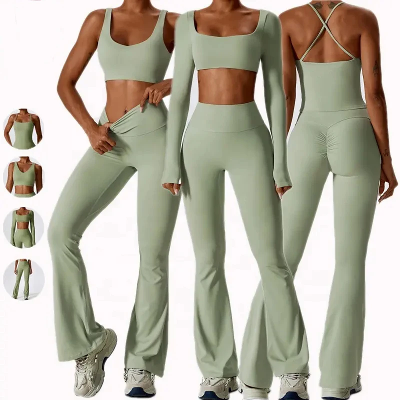 Yoke Custom Sportswear Gym Fitness Long Sleeves Top Scrunch Butt Pants Workout Women Yoga Sets For Women