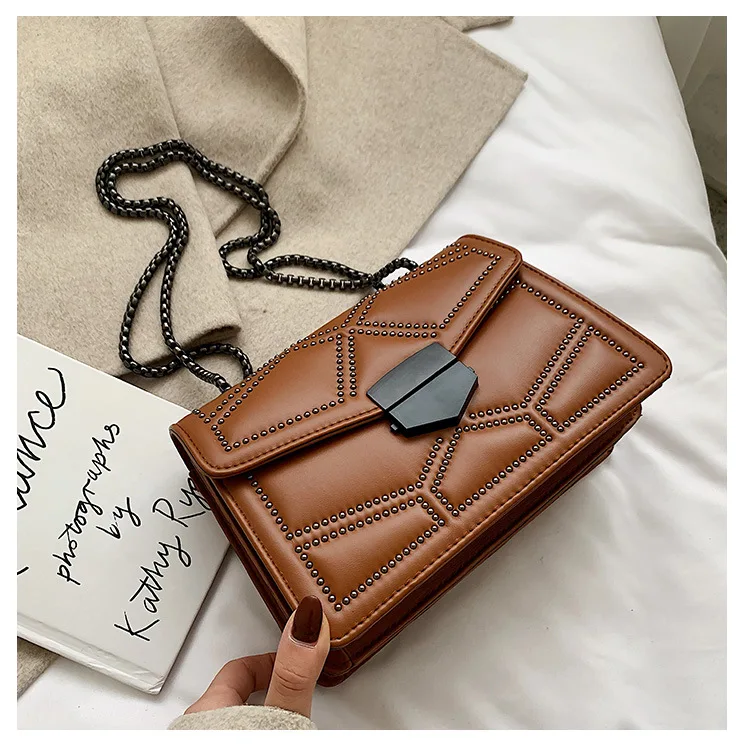 Classic Chain Crossbody Shoulder Strap Small Flap Handbags Pu Leather Ladies Hand Bags Rivet Fashion Woman Bags