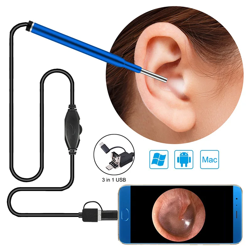 Ear-hollowed endoscope Camera USB Inspection Camera  with 6 LED Android OTG Samsung Huawei Xiaomi PC Borescope  Blue