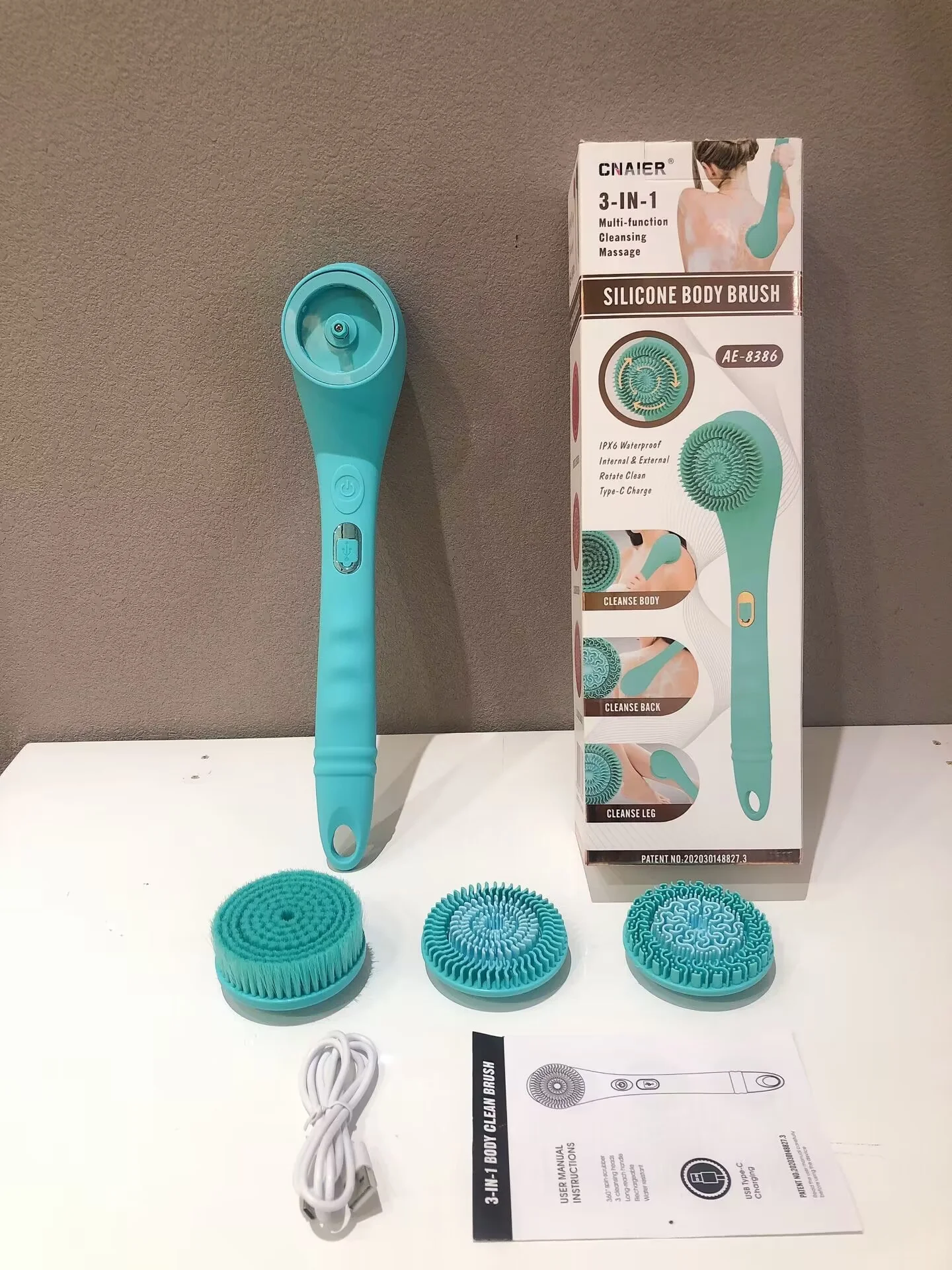 New Exfoliate Bristle Brush Body Mssage  with Long Handel Waterproof Body Scrubber USB Rechargeable Silicone Body Bath Brush