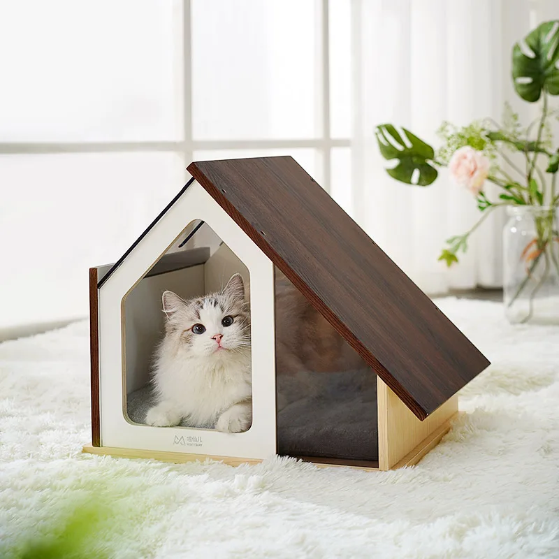 Wooden indoor cat pet house with window. Dog cat bed, modern furniture, kennel crate