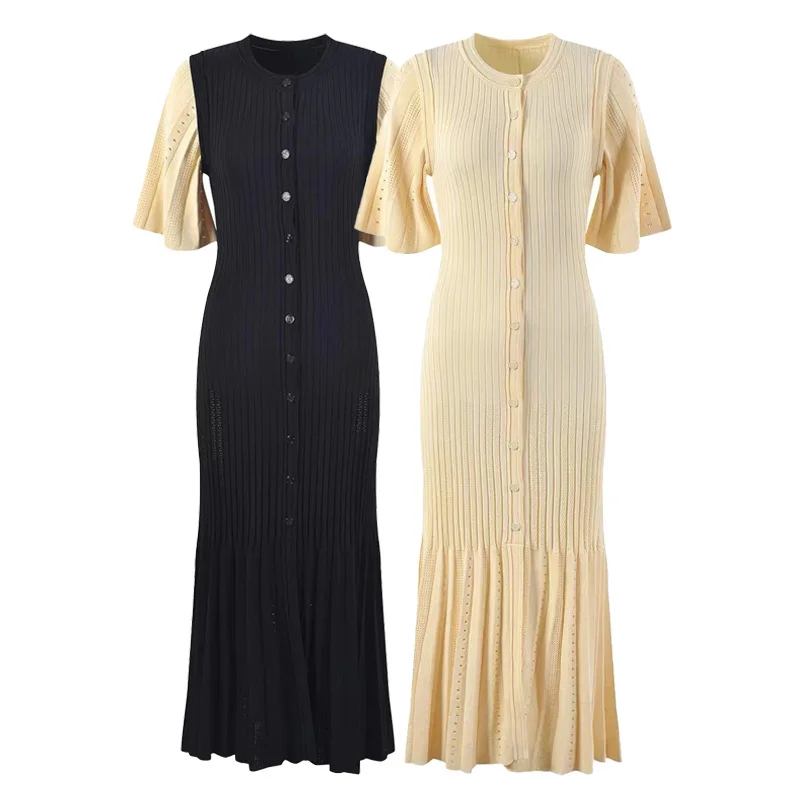 Bettergirl 2024 Sandro Feminine and Fashionable Midi Dress Ramadan Long Dress Ice Silk Short Sleeved Knitted Full Summer Natural