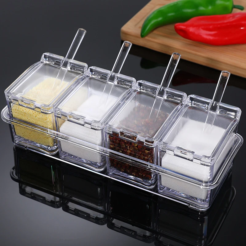 Kitchen Supplies 4 Pieces Transparent Clear Clamshell Acrylic Spice Jar Seasoning Storage Boxes Set with Long Spoon