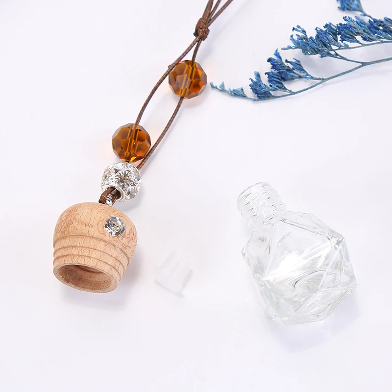 Factory wholesale car perfume bottle vintage beads charms car ornament air freshener empty glass hanging bottle