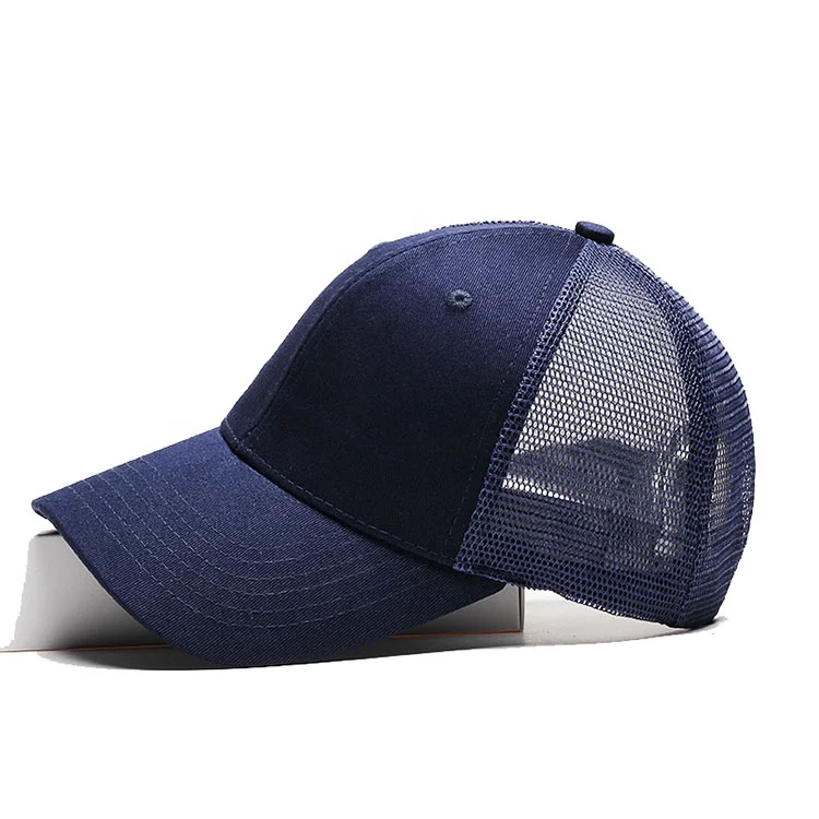 Oem custom navy blue gorras 6 panel mesh back cotton plain trucker cap
