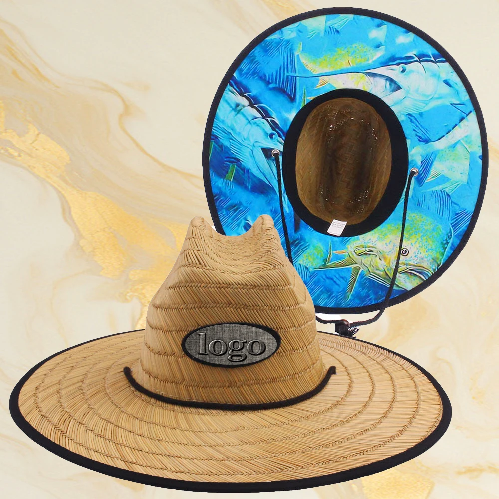 Bulk Custom Logo Lifeguard Big Wide Brim Hawaiian With Drawstring Summer Beach Surf Life Guard Straw Hat For Men