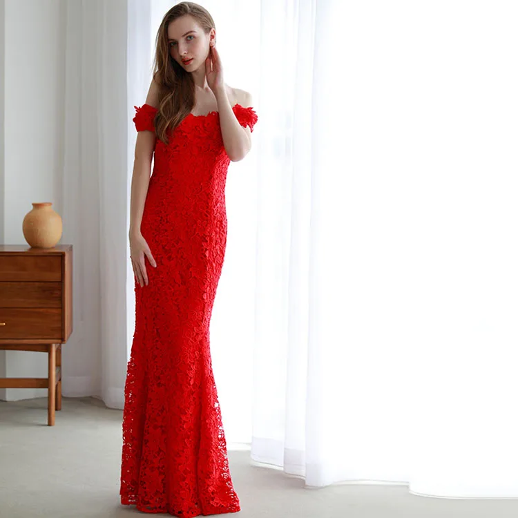 OEM ODM strapless cutty sleeve 3d flowers appliques red women birthday party wear gown dress long evening dresses fish cut