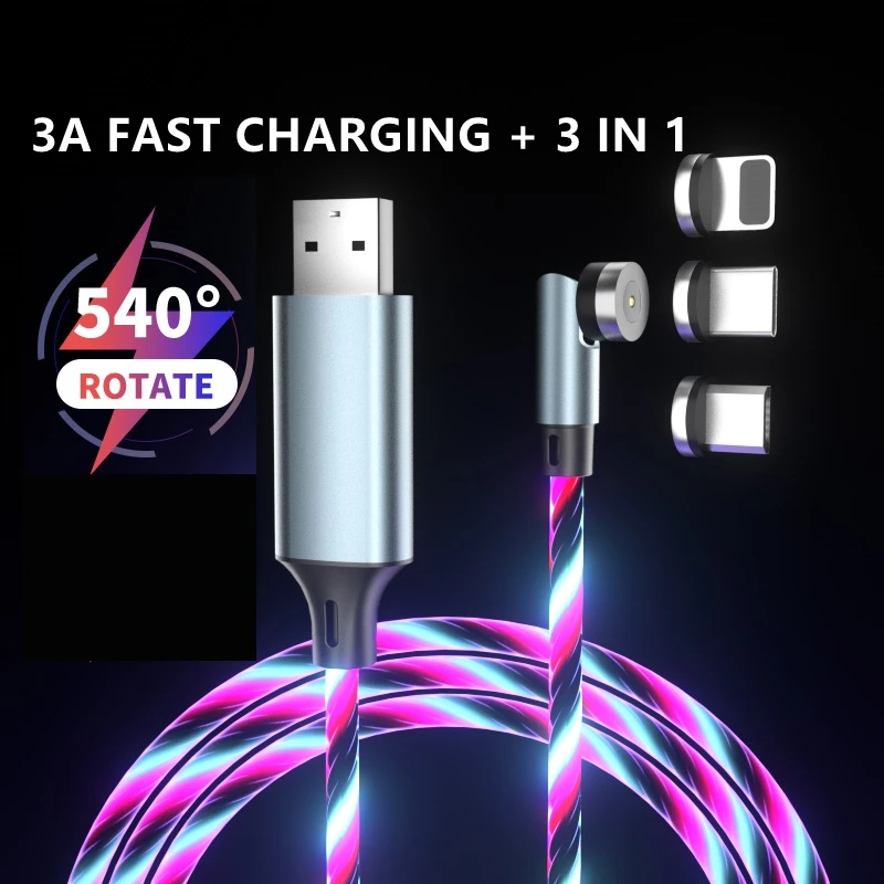 
Lm3B Amazon Top Seller 540 Rotation Type C Fast Universal Usb Magnetic Phone Charger Cable Led Luminous Flowing Micro Cable 
