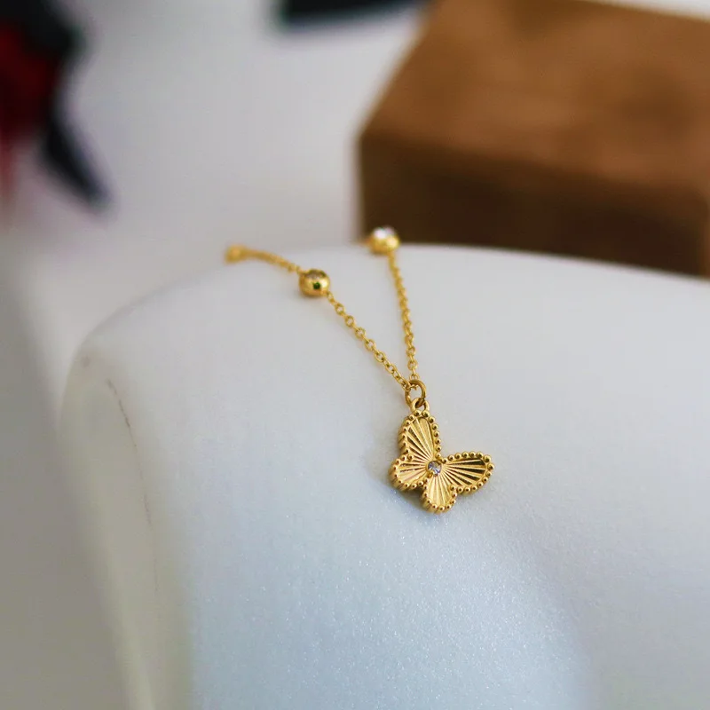 Fresh Butterfly Diamond Necklace Titanium Steel Furnace Vacuum Non-fading Small Collarbone Necklace Ins Trend Style