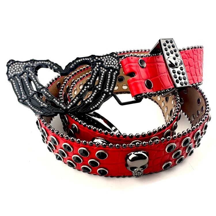 Shiny Rhinestone Hand Logo Heart Shape Belt Buckle Custom Designer Brand Black Plating Metal Buckle for Man