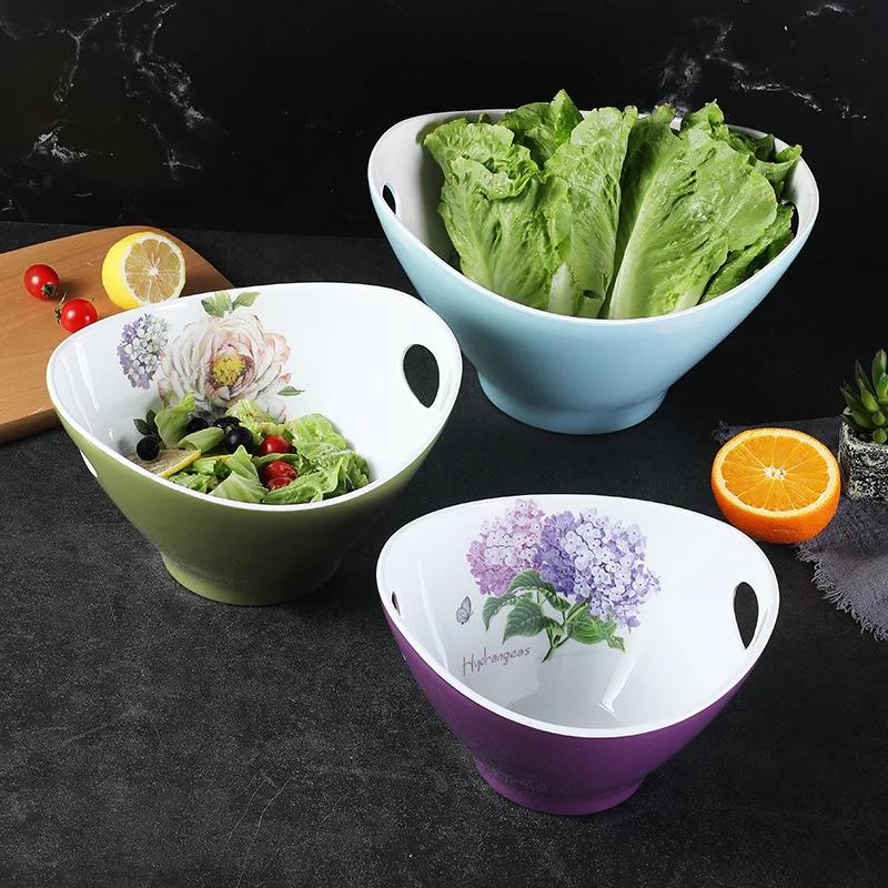 Wholesale anti-drop salad bowl fruit blue drain basket Melamine European Fruit Plate