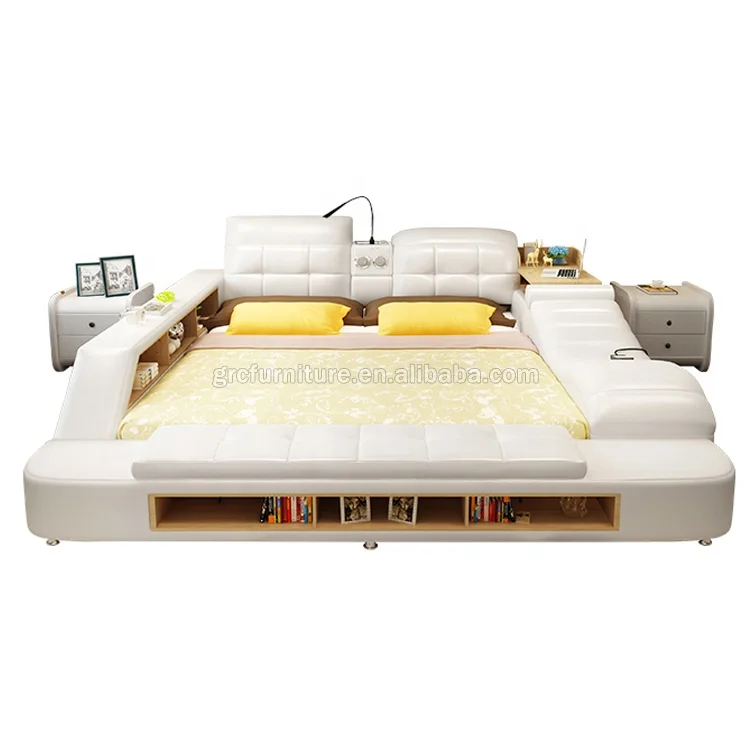 Modern multi function massage bed with music USB white leather beds tatami bedroom furniture