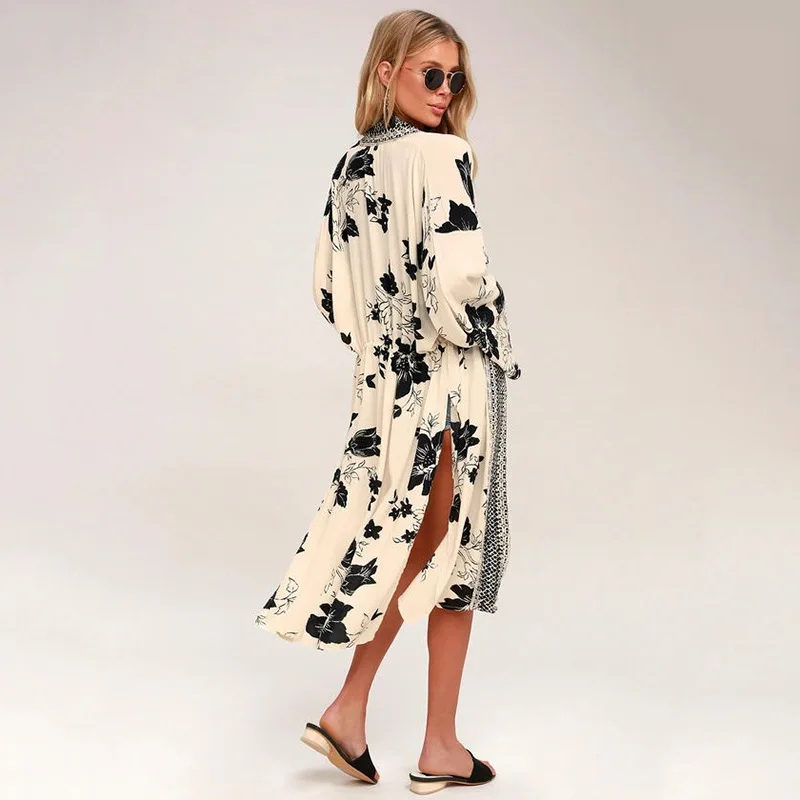 Oversize Slim Sexy Bikini Cover Up Swimwear Women Outing Sale, Print Floral Holiday Cardigan Long Kimono With Sashes