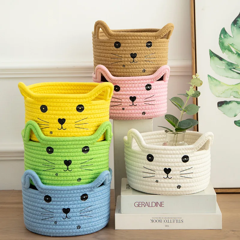 Cat Basket Storage Woven Organizer with Ears Decorative Pet Toy Cute Basket Cotton Rope Basket for Gift  Toy bin box
