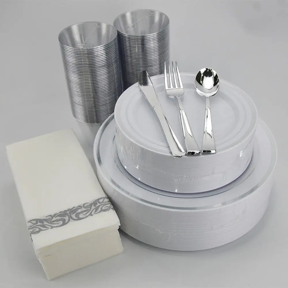 700 Piece Disposable Plastic Tableware for 100 Guests Disposable Silver Dinnerware Set for Wedding
