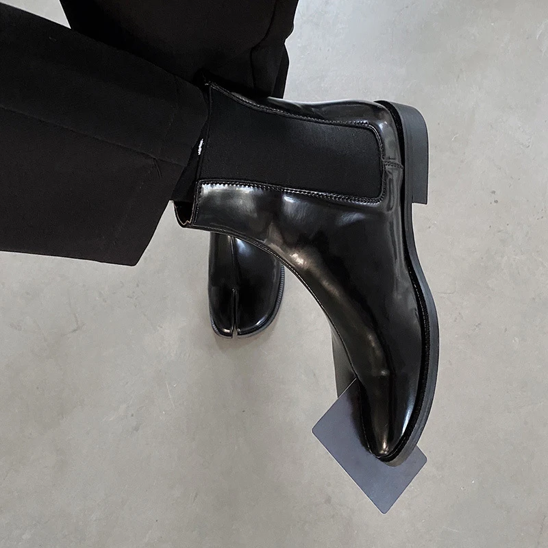 SHIKOL split toe ankle boots for women men fashion black patent leather big size 12 low heels ladies shoes stretch tabi boots