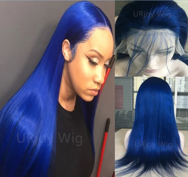 Blue Color Silk Straight 100 Human Hair Brazilian Virgin Hair Celebrity Wigs Lace Front wig for Black Woman Free Shipping