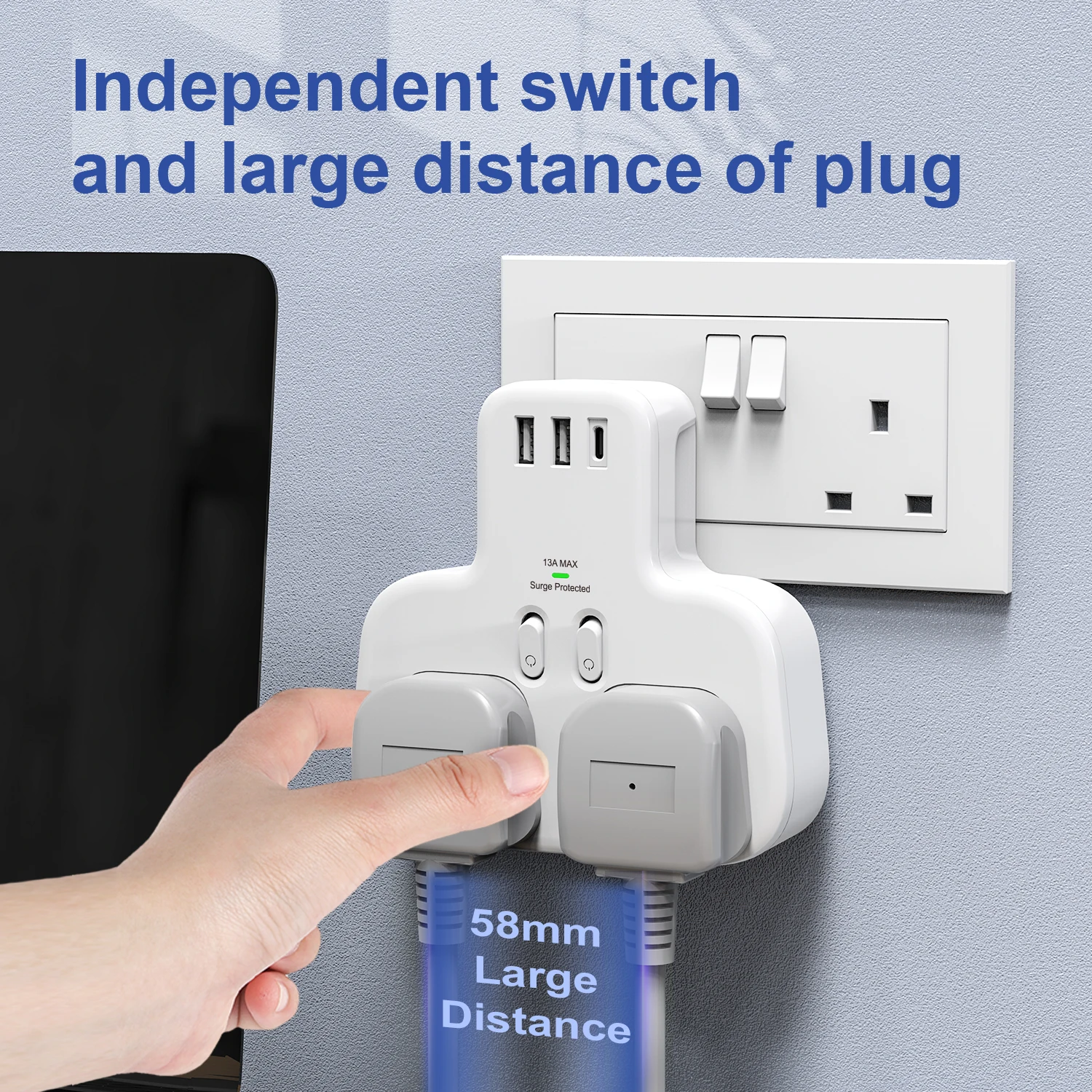 Double Plug Adaptor with USB C, 2 Way Plugs Extension Multi Sockets Wall Charger Adapter, 13A UK 3 Pin Power Socket for Bedroom